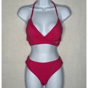 Vince Camuto Two-Piece Bikini Set in Dragon Fruit Wrap top– Size Large